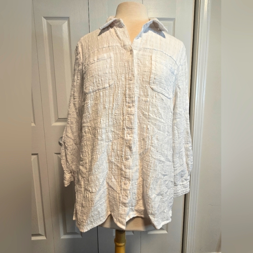 FDJ Textured White Cotton Button-down Oversized Pocket Top/Dress/Cover-Up Sz 10